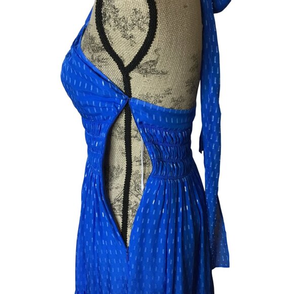 INTERMIX Silk Halter Cutout Maxi Dress Blue Smocked Tiered Lined Resort XS NWOT - Picture 6 of 12